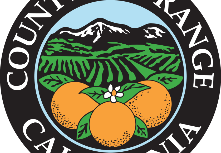 County of Orange, California logo with oranges and mountains.